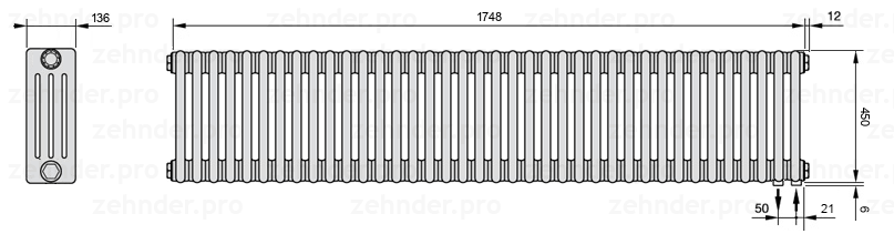 Схема (чертеж) Радиатор Zehnder Charleston 4045/38 №5510 Белый глянцевый RAL 9016